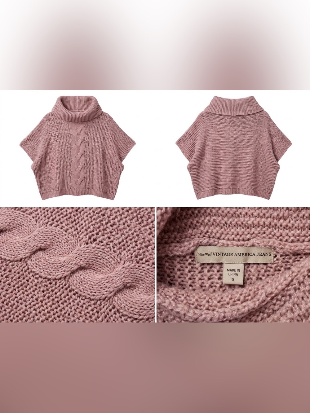 Nine West Vintage America Jeans Dusty Rose Cable-Knit Turtleneck Sweater Poncho